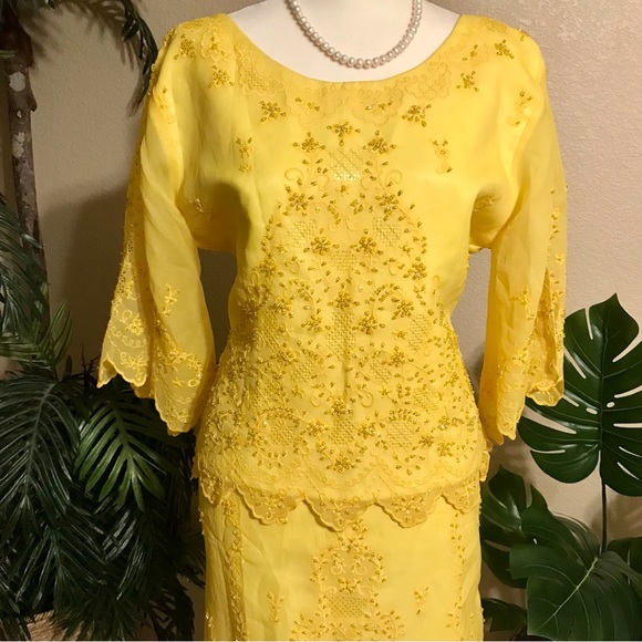 Dresses & Skirts - Yellow JUSI Embroidered Filipiniana Mother’s Dress, Kimona Blouse & Skirt